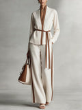 Women's Stand Collar Long Sleeve Casual Loose Top High Waist Casual Loose Wide Leg Pants Cotton Linen Set