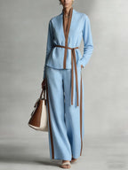 Women's Stand Collar Long Sleeve Casual Loose Top High Waist Casual Loose Wide Leg Pants Cotton Linen Set