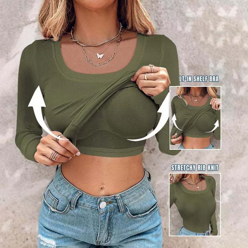 ??Womens U-Neck Built-in Bra Long Sleeve Ribbed Top Shirts Elegant Skinny Fit Fabric