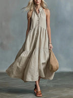 Sleeveless Casual Loose Linen Button Vest Dress