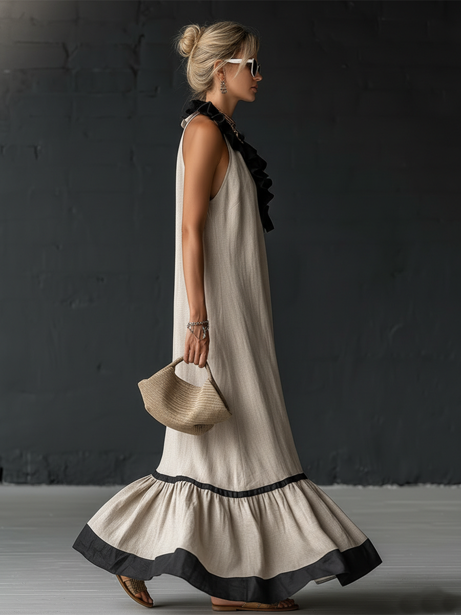Stylish Simple Sleeveless Color-blocked Ruffled V-neck Cotton Linen Maxi Dress