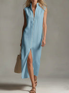 Women's Solid Color Stand-collar Sleeveless Casual Loose Linen Dress