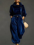 Vintage brown velvet hoodie and loose-fitting trousers set(Includes belt)