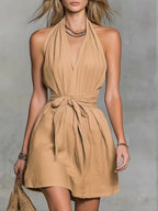 Halter Neck V-Neck Waist Tie Casual Holiday Women'S Dress