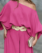 Skew Neck Lantern Sleeve Loose Top & Zipper Fly Wide Leg Pants Set Without Belt