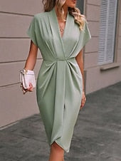 Women's Casual Dress Midi Dress Ruched Date Vacation Streetwear Basic V Neck Short Sleeve Black Pink Dark Green Color