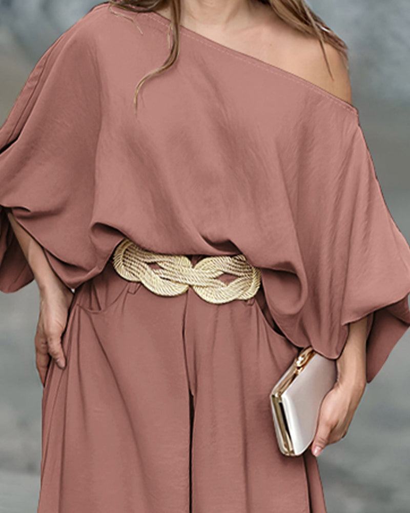 Skew Neck Lantern Sleeve Loose Top & Zipper Fly Wide Leg Pants Set Without Belt