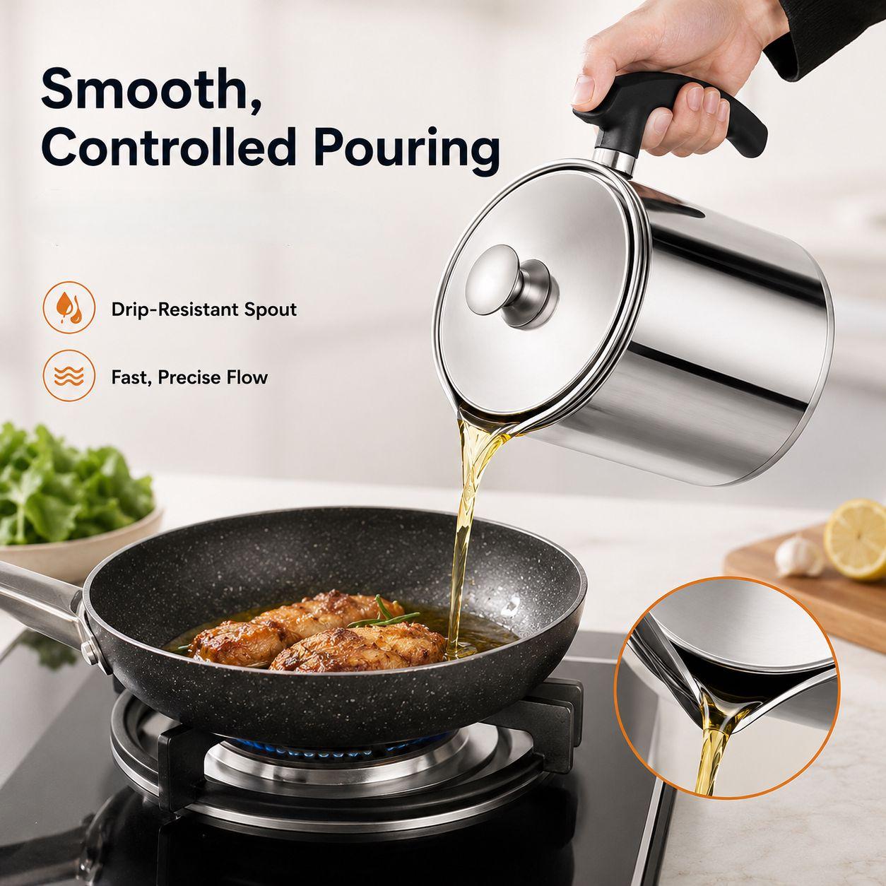 Modern Stainless Steel Oil Dispenser with Filter & Lid