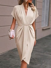 Women's Casual Dress Midi Dress Ruched Date Vacation Streetwear Basic V Neck Short Sleeve Black Pink Dark Green Color