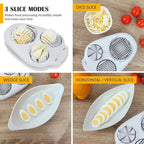 Clarioy 3-in-1 egg slicer showing dice, wedge, and horizontal slice modes on a kitchen counter
