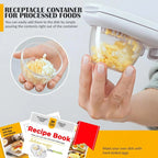 Hand using food container to pour chopped hard-boiled eggs, kitchen tool with recipe book