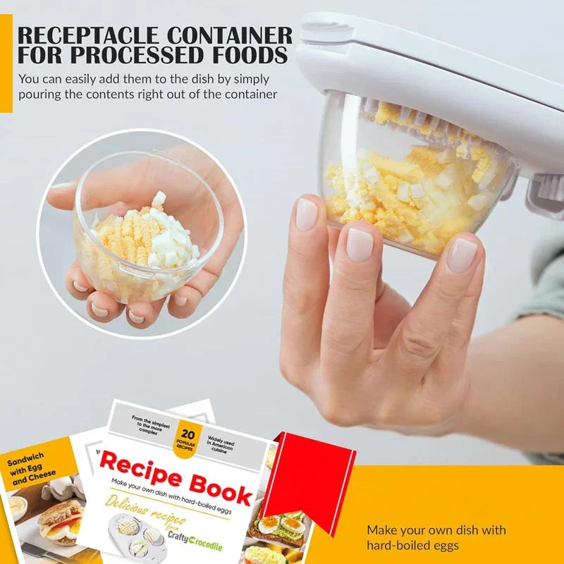 Hand using food container to pour chopped hard-boiled eggs, kitchen tool with recipe book