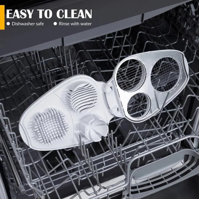 Multi-purpose kitchen slicer and chopper shown in dishwasher, easy to clean, clarioy homeware