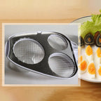 Multi-blade egg slicer kitchen tool on table next to sliced boiled eggs on plate, clarioy homeware