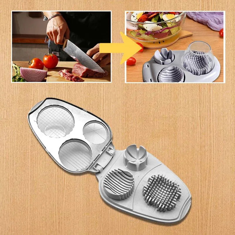 Clarioy multifunctional kitchen slicer for eggs, vegetables, and fruits, shown on a wooden surface.