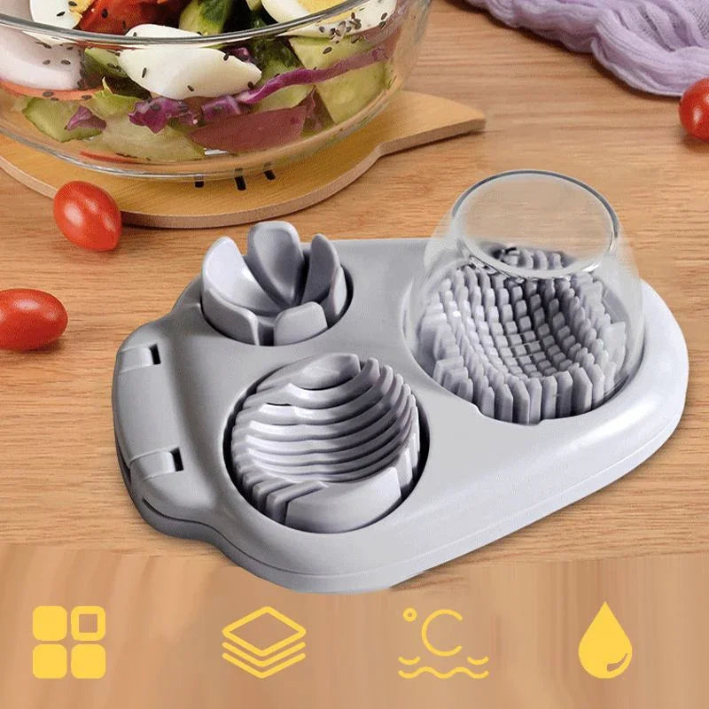 clarioy kitchen egg slicer tool on wooden countertop beside salad, premium homeware accessory