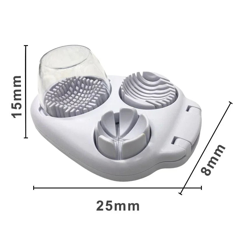 Compact white multi-functional cleaning tool with textured silicone brushes and precise measurements, ideal for homeware from clarioy.