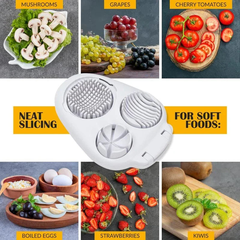 Multi-function slicer for soft foods like mushrooms, grapes, cherry tomatoes, boiled eggs, strawberries, and kiwis, available at clarioy.