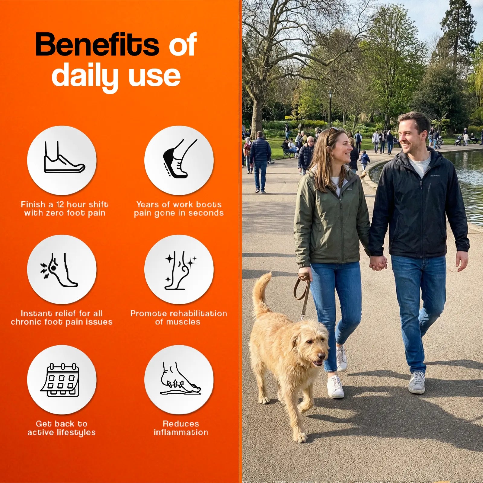 Massage insoles benefits graphic featuring icons and text on a vibrant orange background with a couple walking a dog.