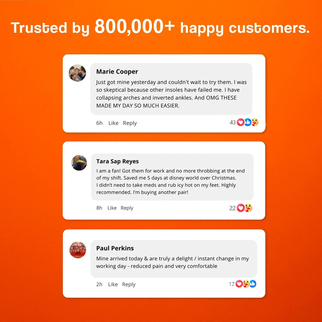 Massage insoles in orange with customer testimonials on a bright orange background.