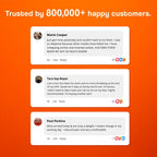 Massage insoles in orange with customer testimonials on a bright orange background.