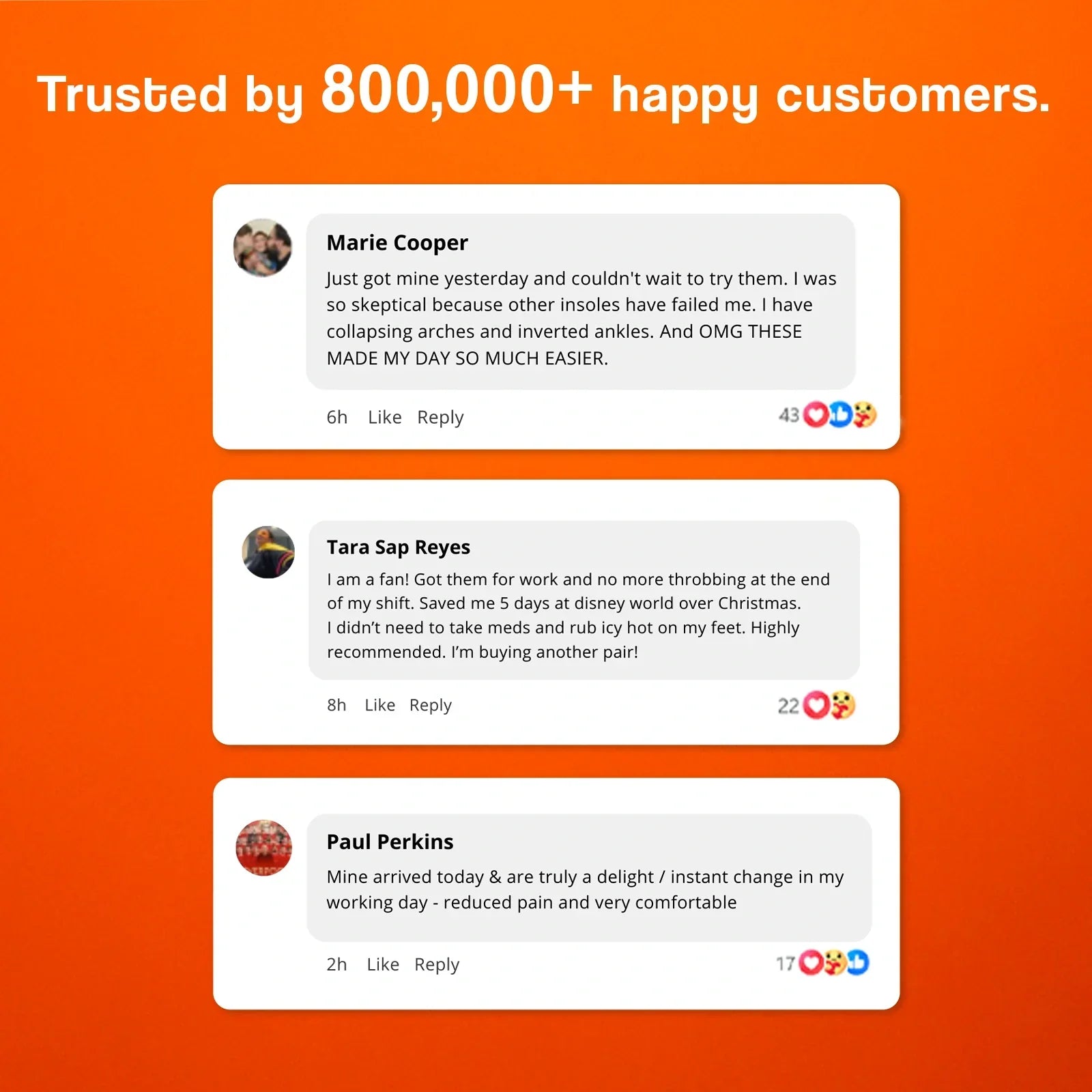 Massage insoles in orange with customer testimonials on a bright orange background.