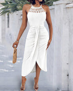 Halter Tie Criss Cross Front Knit Jacquard Textured Slit Dress Casual Hollow-out Draped Vacation Dress